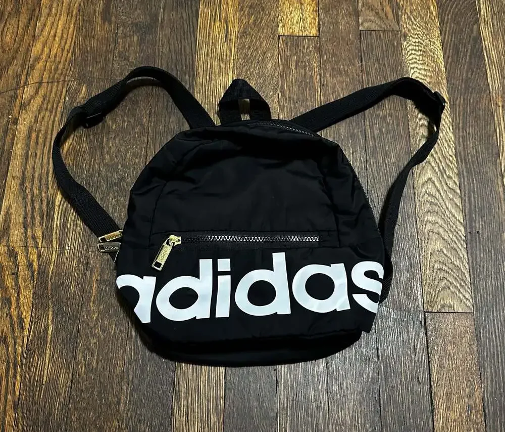 Adidas Linear Mini Backpack in Black with White Logo and Gold Zipper Pulls